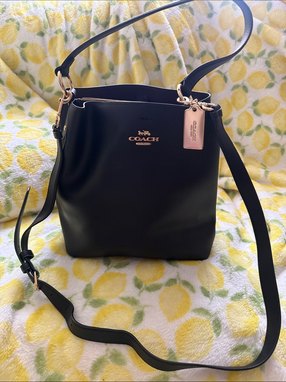 COACH Black Pebbled Leather Shoulder Bucket Bag with Gold Hardware